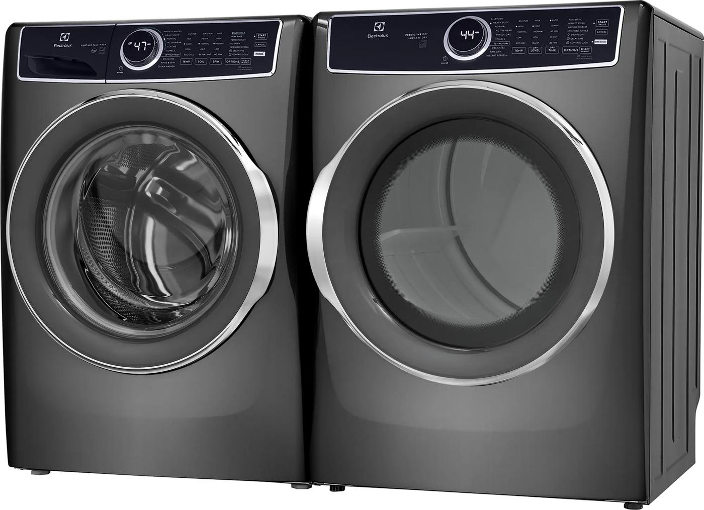 Pair of dark gray front load washer and electric dryer with digital displays from Washers & Dryers collection at Hartville Hardware