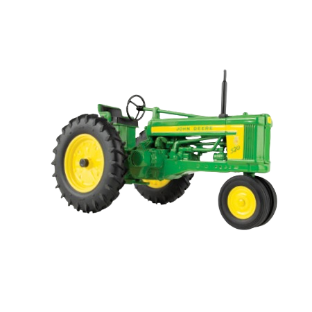 Green and yellow scale model tractor featuring detailed engine and large rear tires for collectible display or play