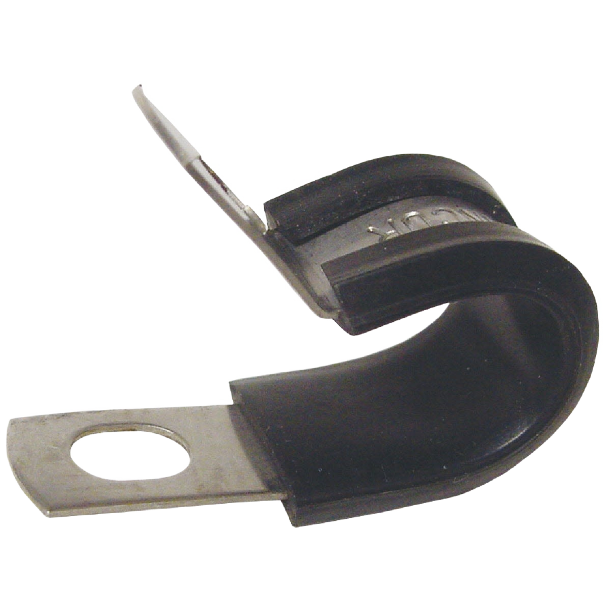 Black steel cable organizer with rubber insert for secure fastening in electrical and desk organization collections