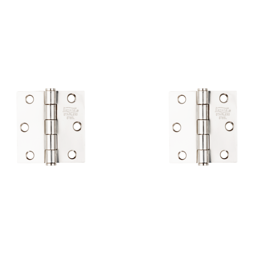 Pair of 2-1/2 inch square stainless steel door hinges with corrosion-resistant finish for home improvement projects