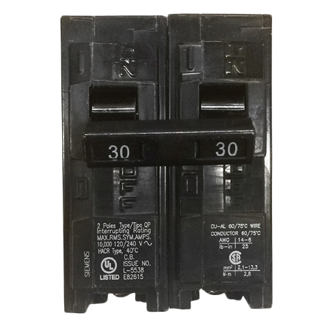 Black 2-pole circuit breaker with 30-amp rating for electrical panel use in home improvement projects