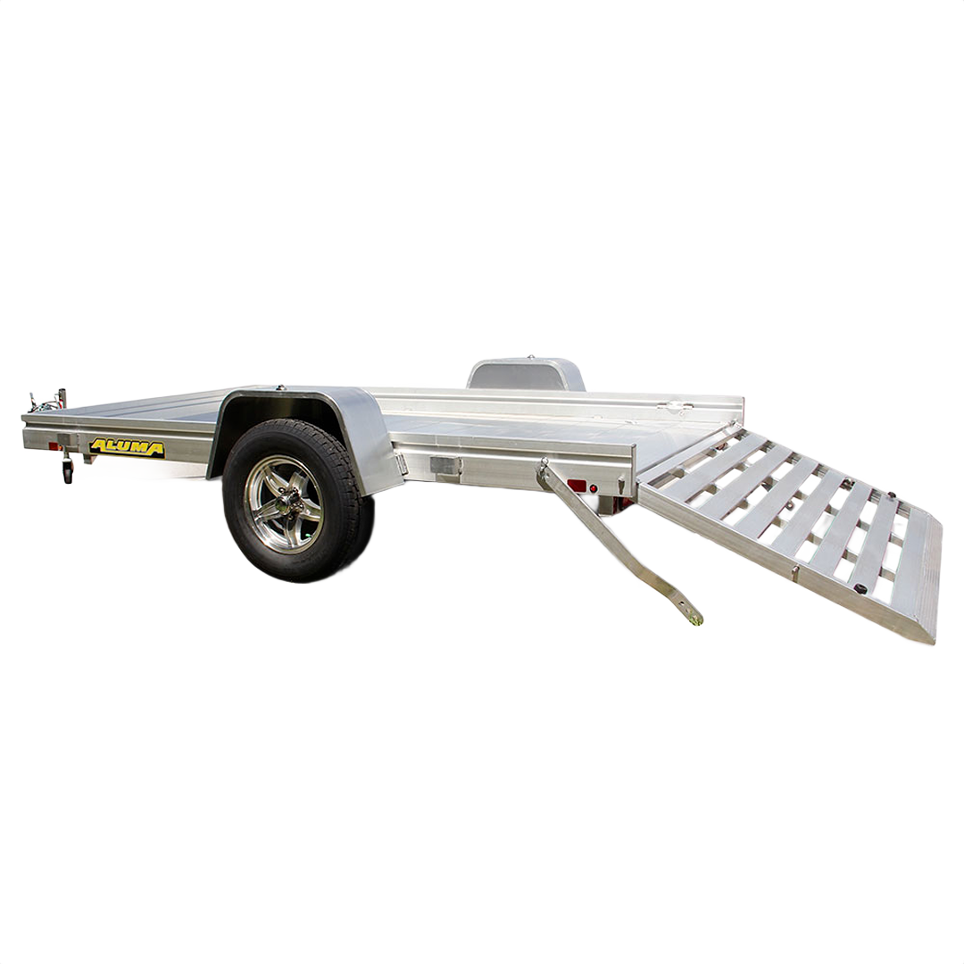Aluminum utility trailer with single axle and bi-fold gate ramp for hauling equipment in home improvement tasks