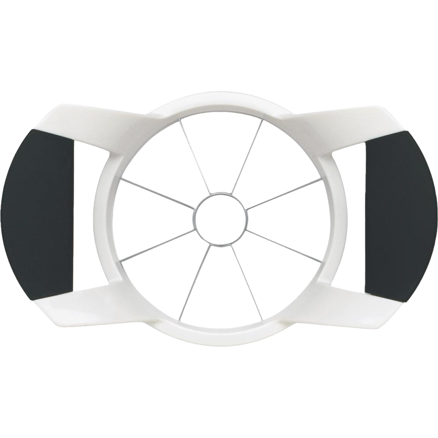 White and black handheld apple slicer with ergonomic grips for easy fruit preparation in kitchen gadgets and tools collection