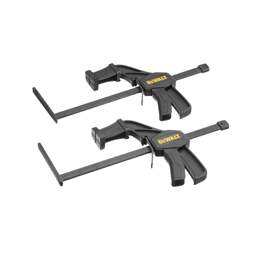 Two black and yellow quick-release clamps with trigger handles for securing tracks in home improvement tasks