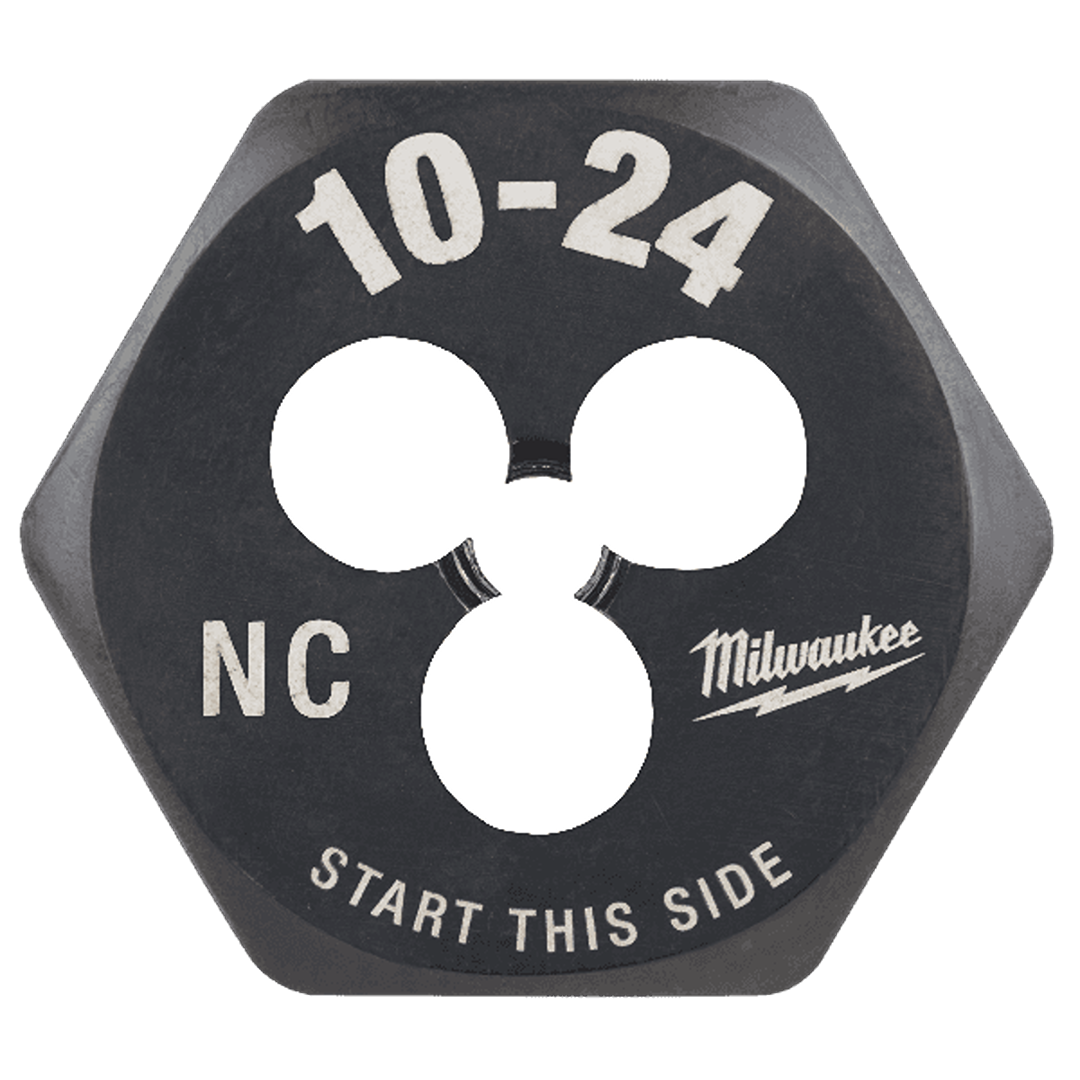 Black hexagonal threading die with size 10-24 NC marking and Milwaukee branding for tools and home improvement use