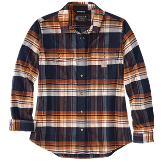 Women's medium navy and brown plaid long-sleeve flannel shirt with button front and chest pockets for casual wear