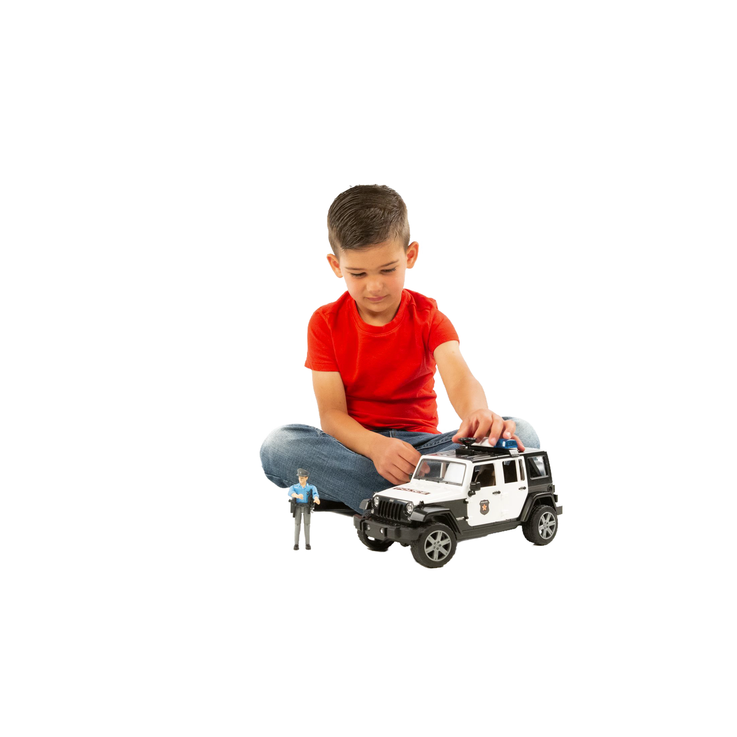 Child playing with black and white toy police Jeep and policeman figure from Vehicles & Remote Controlled Toys collection under $100