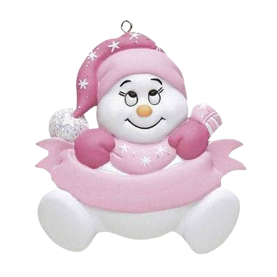 Snowbaby ornament with pink mittens and star-patterned hat holding a pink banner for Christmas decor collection