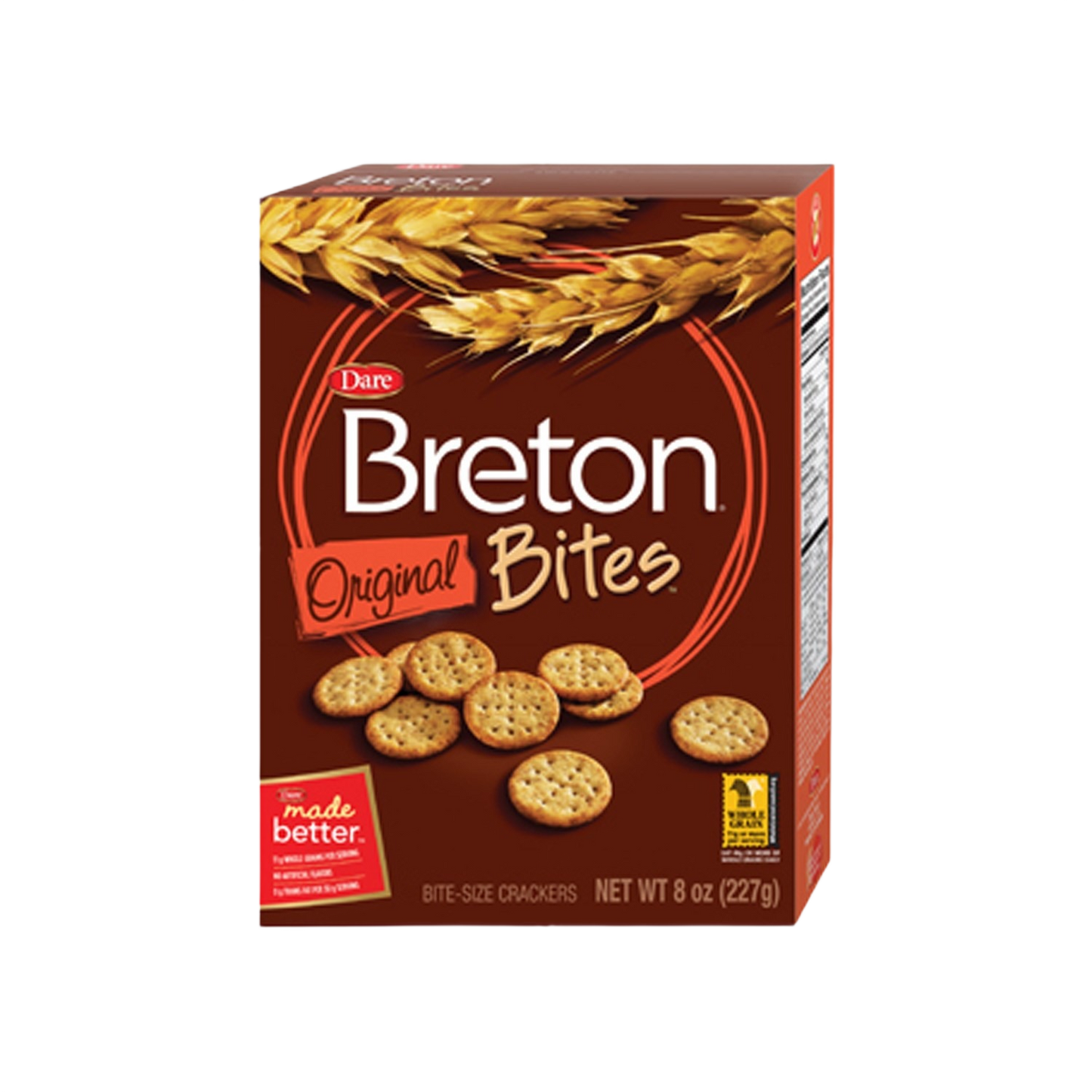 Box of bite-size crackers with wheat graphics and brown-red packaging for snack and food use