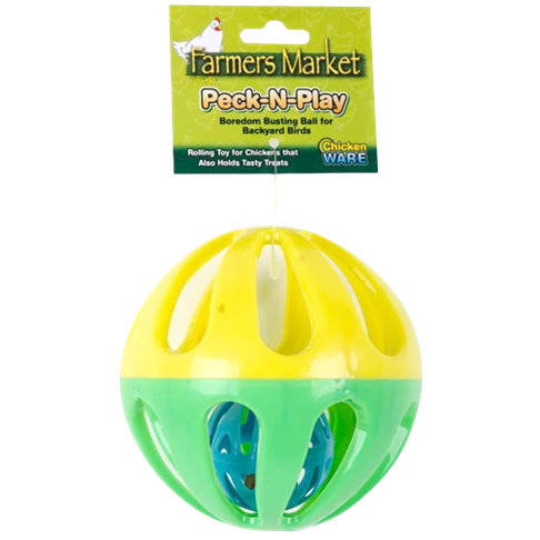 Yellow and green plastic rolling ball toy designed to entertain backyard chickens with treat-holding compartments