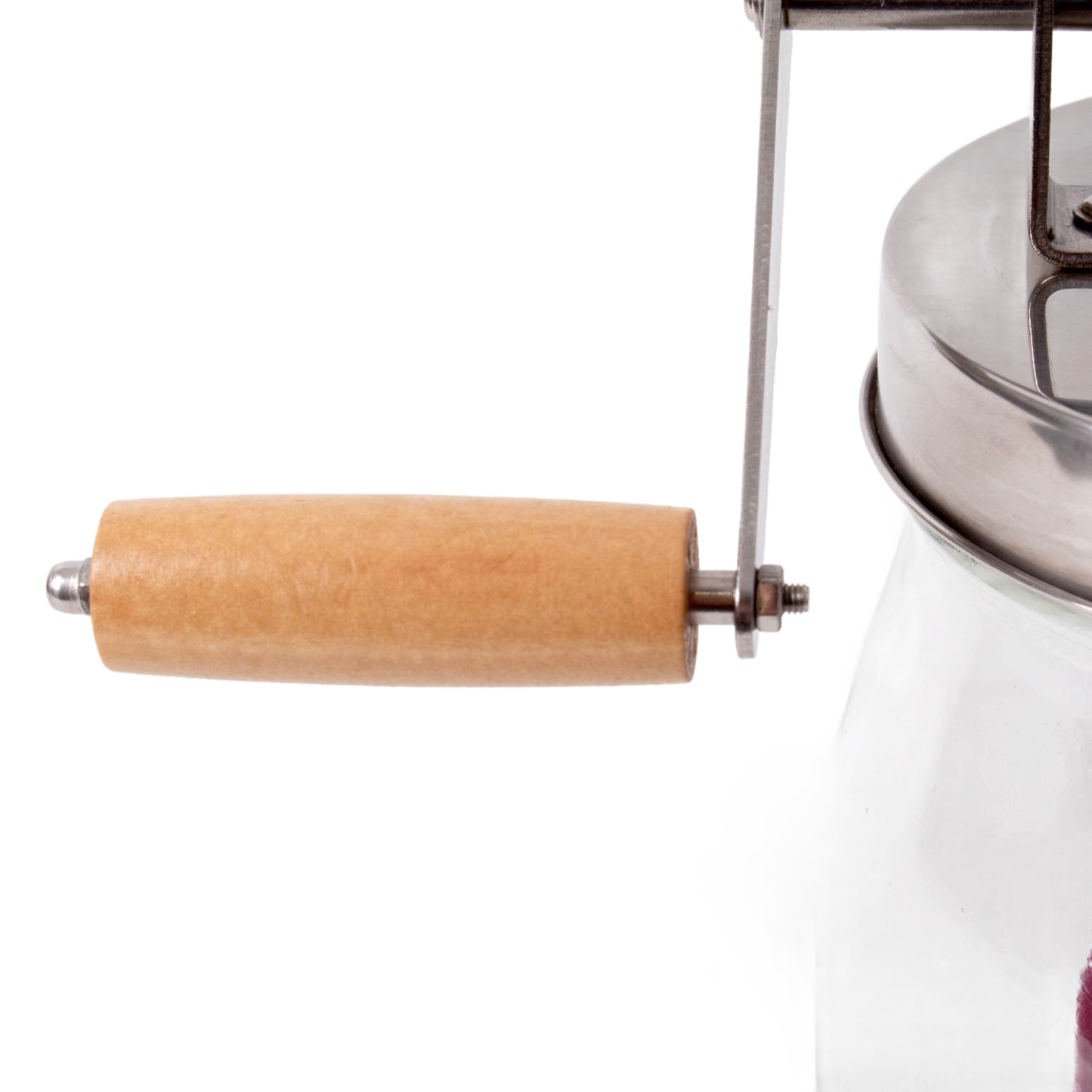 Wooden handled crank attached to a stainless steel and glass mini butter churn for kitchen gadgets collection
