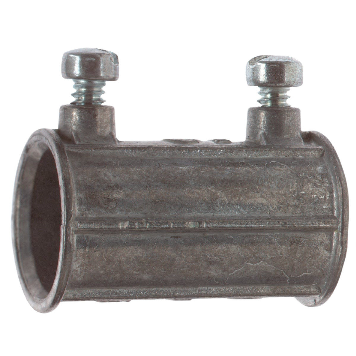 Galvanized steel conduit coupling with set screws for securing EMT conduit in home improvement projects