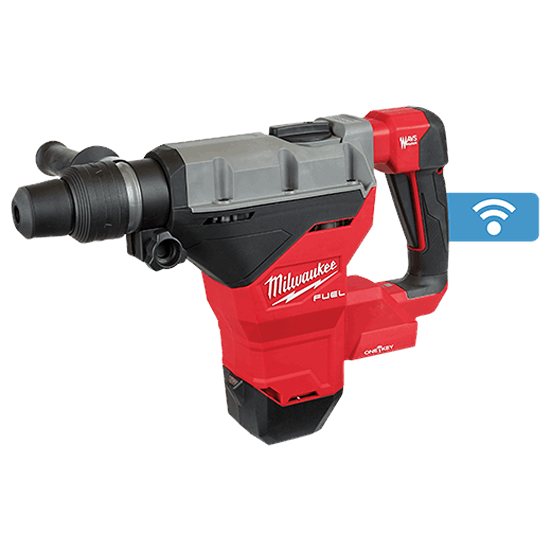 Red and black Milwaukee SDS Max rotary hammer drill with gray metal housing and wireless connectivity icon for tools use