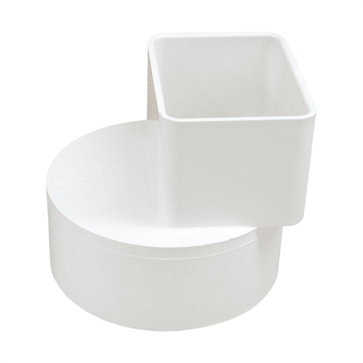 White vinyl offset adapter for gutter downspouts connecting to underground pipes in plumbing and gutter collections