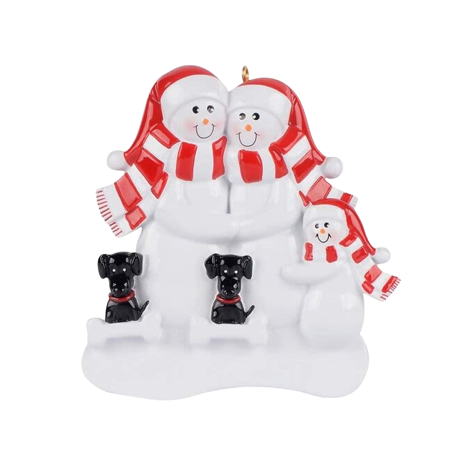 Snow family of three in red scarves and hats with two black dogs holiday ornament under $50 Christmas décor
