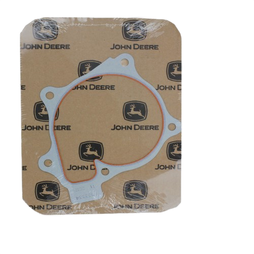 Gray and orange circular water pump gasket on branded John Deere packaging for tools and home improvement tasks