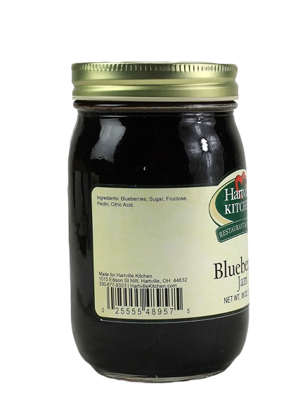 Jar of Hartville Kitchen blueberry jam with gold lid and barcode label from Jams & Jellies under $50 collection
