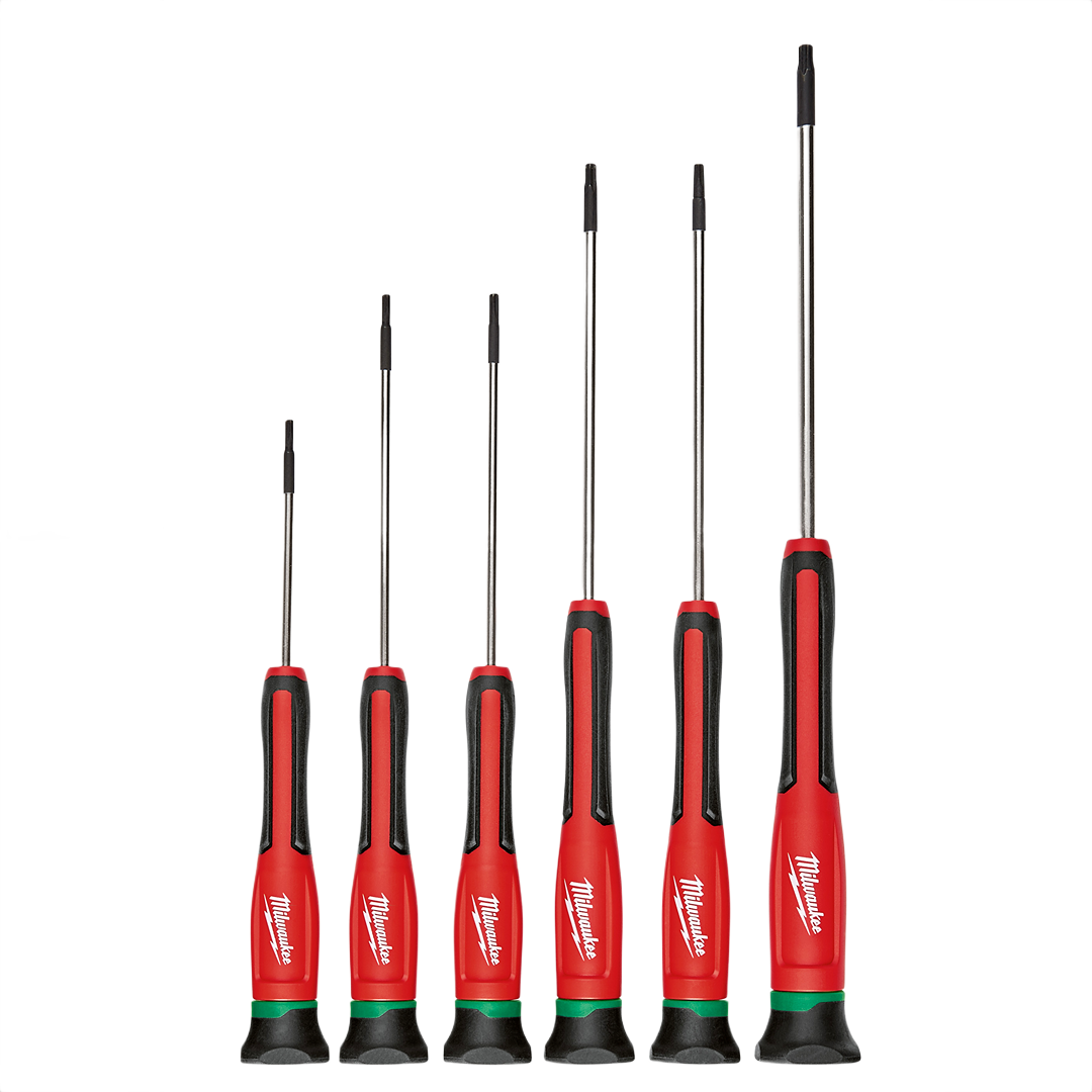 Set of six precision TORX screwdrivers with red handles and black grips for detailed home improvement tasks