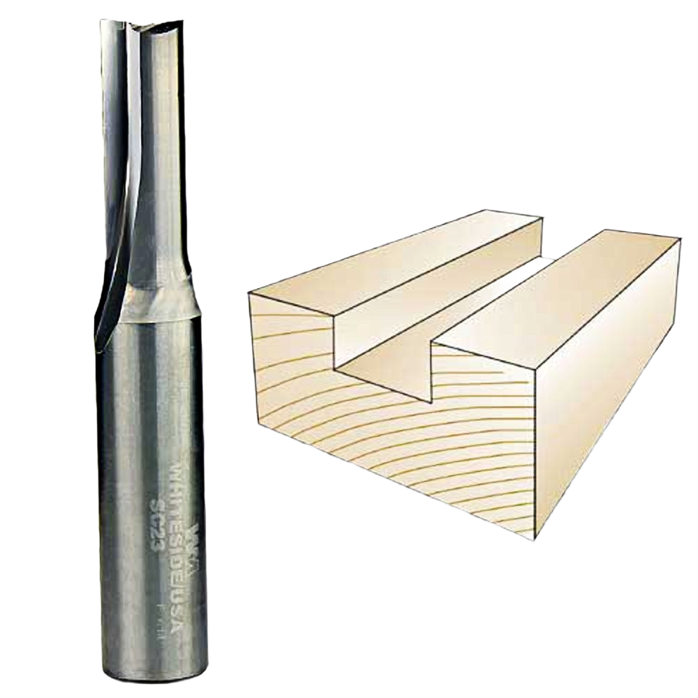 Solid carbide straight router bit designed for creating precise straight grooves in wood for home improvement projects