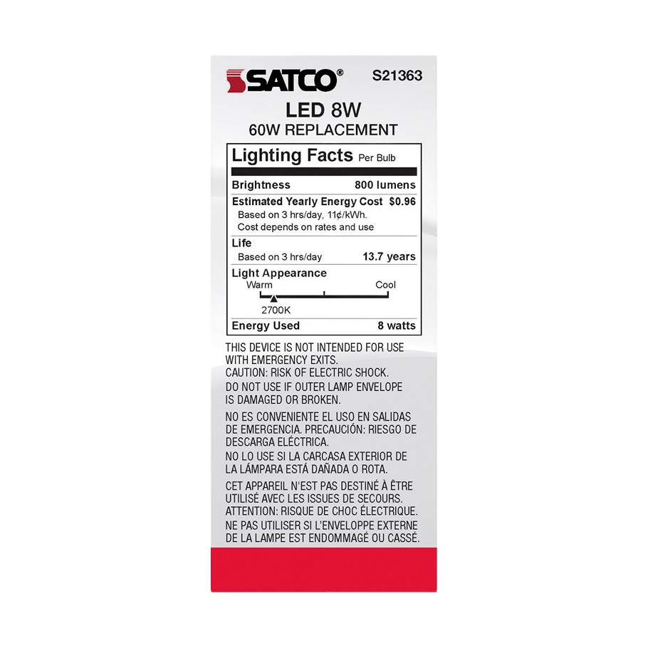 Packaging label of an 8 watt LED bulb showing brightness, energy cost, lifespan, and light color temperature details for home improvement.