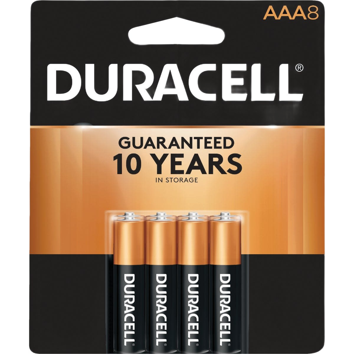 Package of eight Duracell Coppertop AAA alkaline batteries with long-lasting power for household electronics under $50