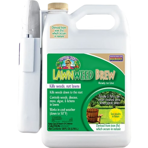One-gallon container of weed control solution with attached wand for easy lawn application and targeted spray use