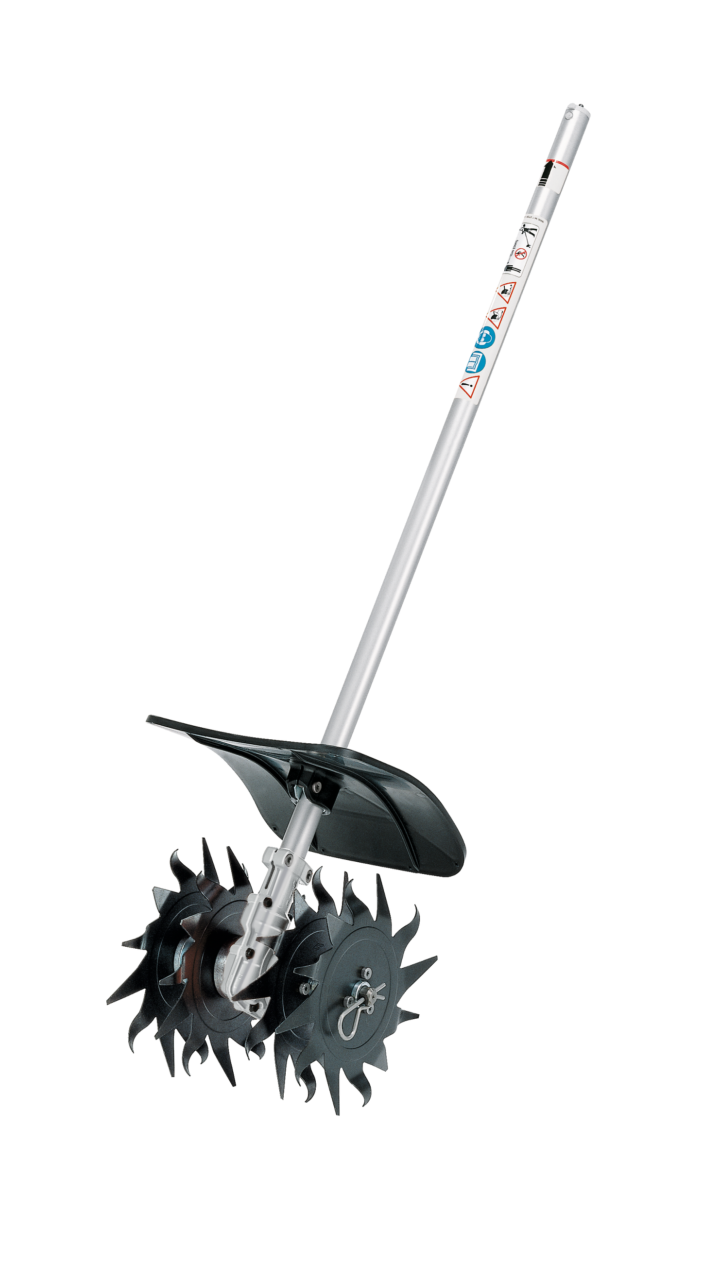 Lightweight mini-cultivator tool attachment with dual rotating blades and safety shield for home improvement and garden use