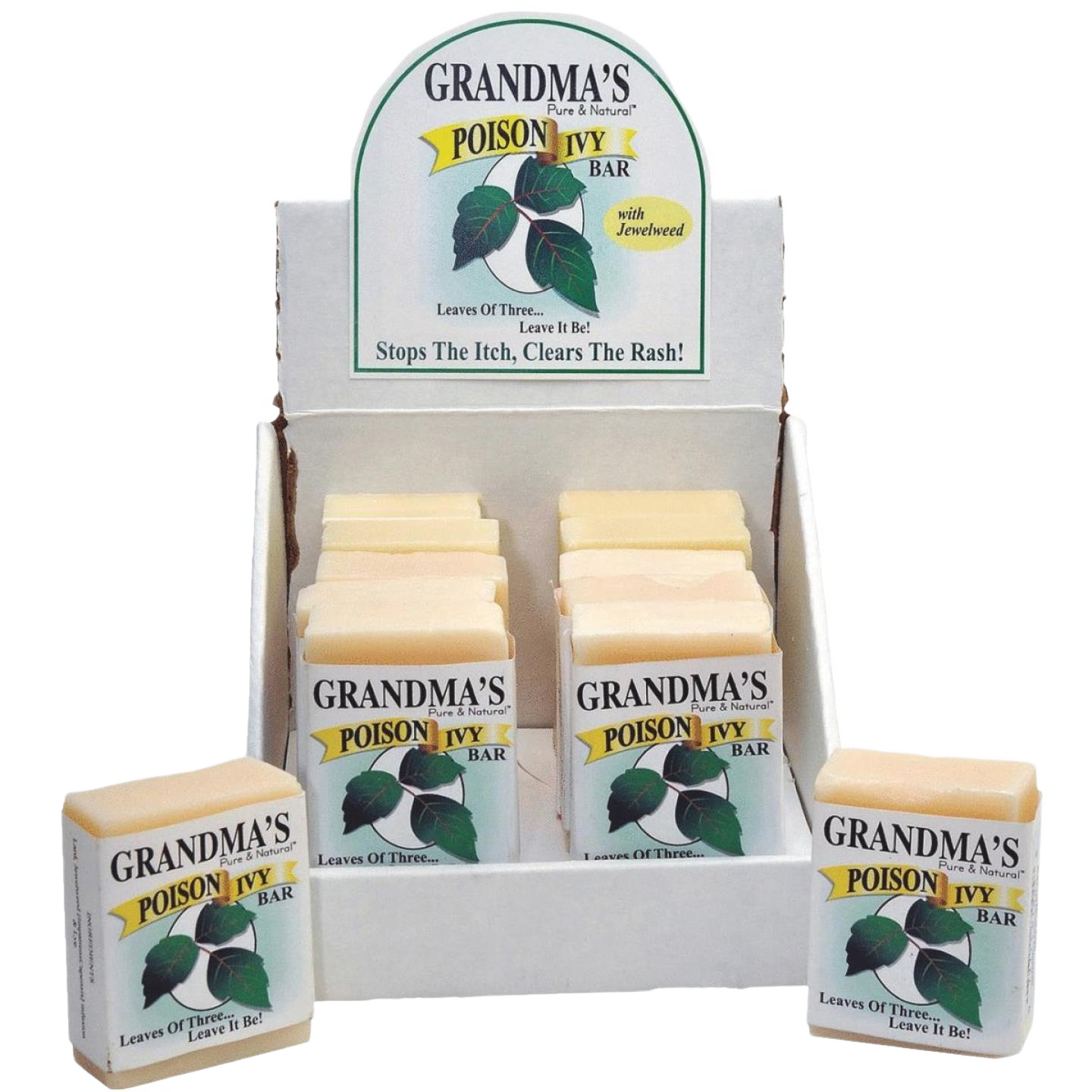 Display box with bars of natural poison ivy soap featuring leaf illustration and text promoting rash relief and itch stopping