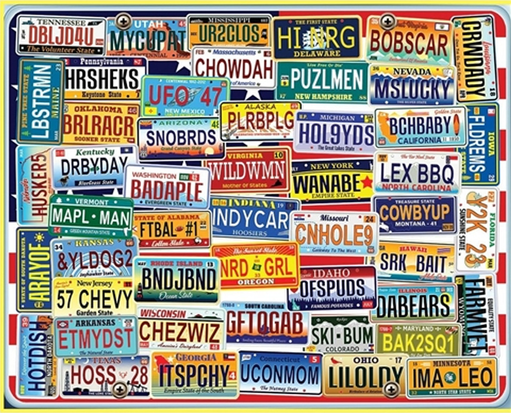 Colorful puzzle featuring vintage vanity license plates from various U.S. states with playful word designs