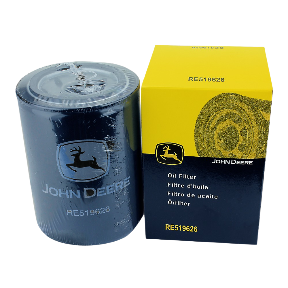 Black cylindrical oil filter with John Deere logo beside yellow and black labeled packaging for motor oils and supplies collection