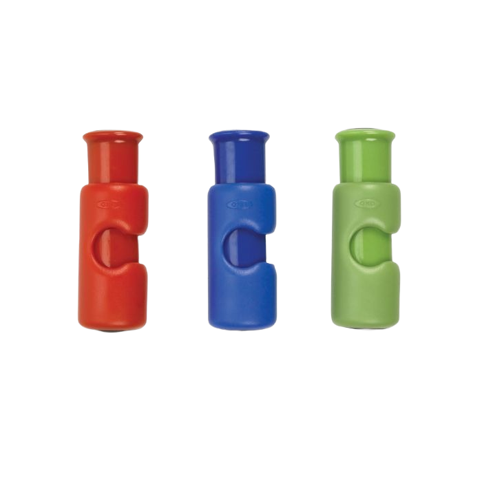 Three brightly colored bag cinch clips in red, blue, and green for sealing and organizing bags easily