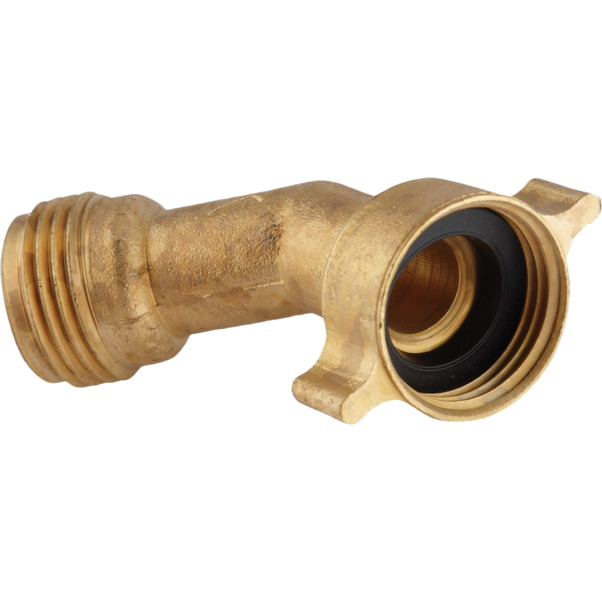 Brass 45-degree water hose elbow with threaded ends and rubber seal for RV and home improvement use