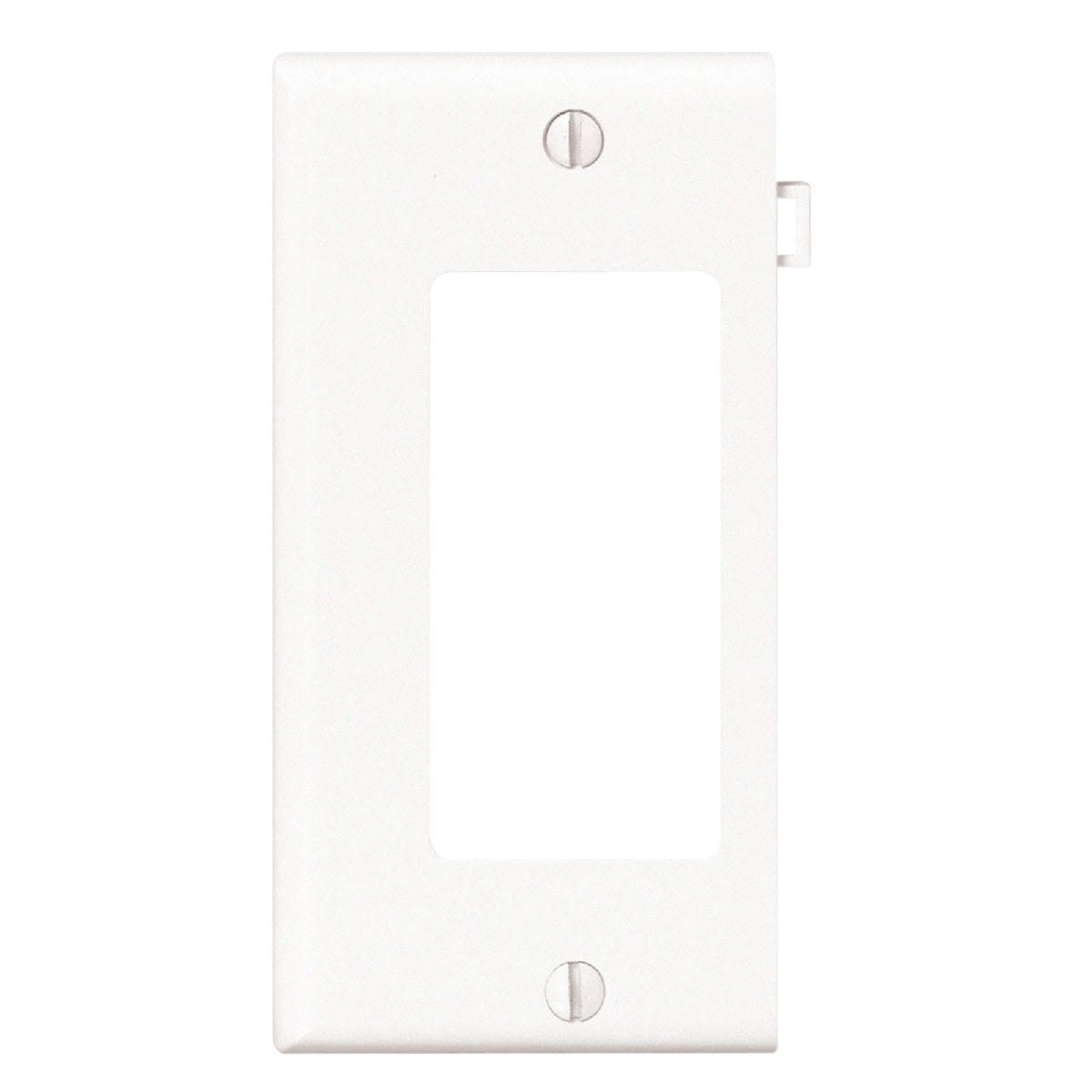 White plastic sectional rocker wall plate end panel for electrical switches, compatible with rocker wall plates and jacks.