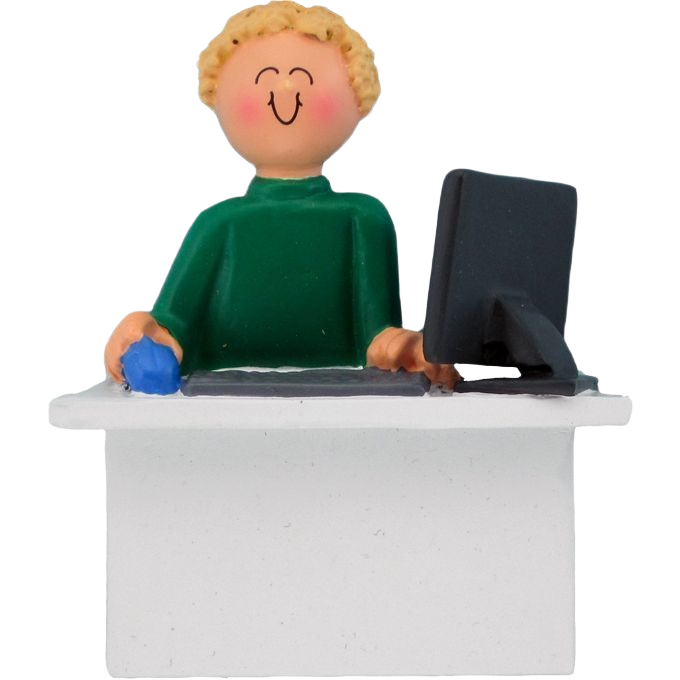 Blonde male figurine with green shirt using computer at white desk for Christmas tree decorations under $50 collection
