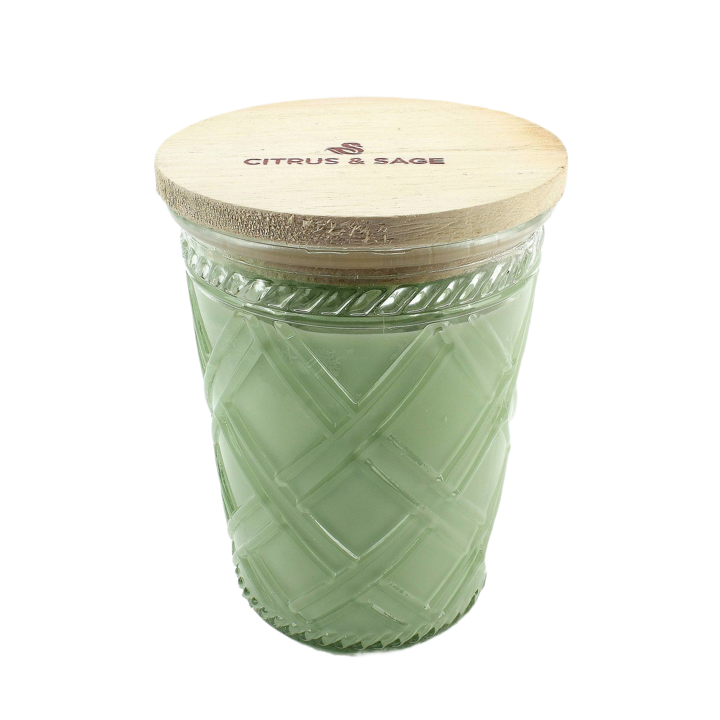 Green scented candle in textured glass jar with wooden lid engraved with Citrus & Sage branding