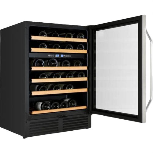 Freestanding 49 bottle dual-zone wine cooler with glass door, wooden shelves, and digital control panel in appliance collection