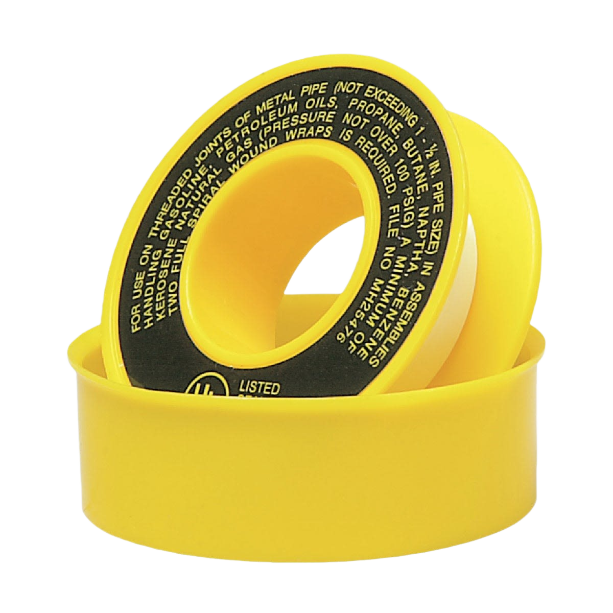 Yellow PTFE gas line tape spool with printed safety and usage instructions for plumbing and home improvement tasks
