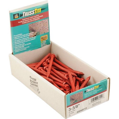 Box of red Truss-Tite wood screws designed for engineered lumber fastening in hardware and building materials collections
