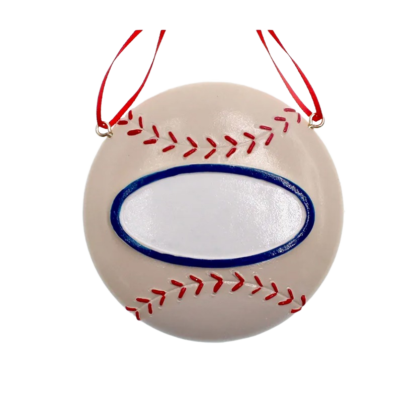 Ceramic baseball ornament with red stitching and blue-bordered oval space for personalization hanging by red strings