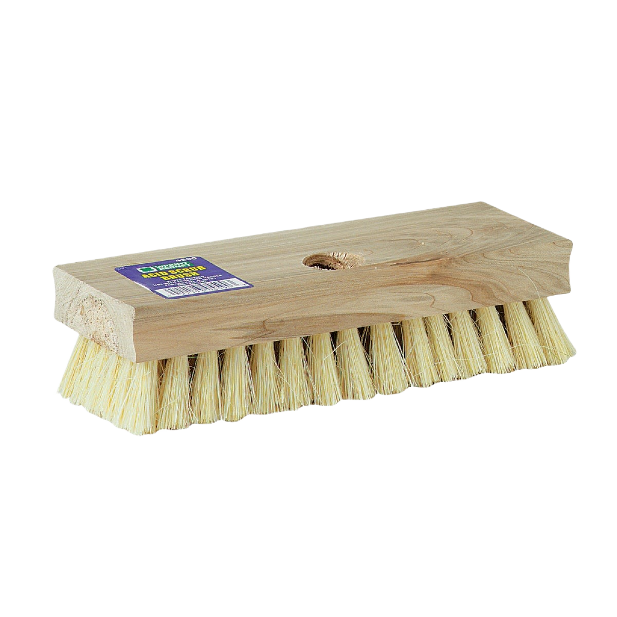 Hardwood block brush with densely packed white tampico bristles for masonry cleaning in home improvement tasks