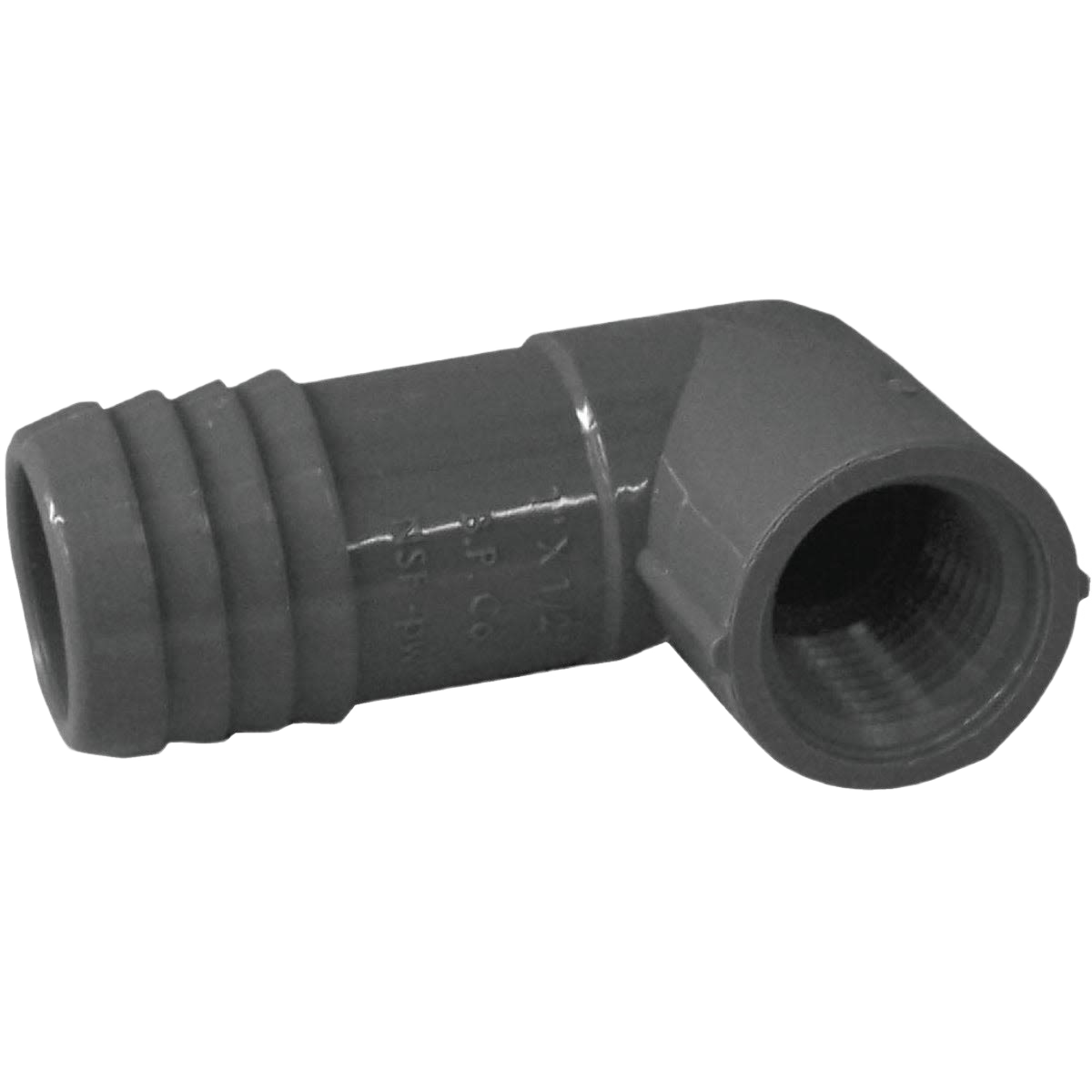 Gray polypropylene 90-degree reducing elbow fitting for polyethylene pipes in plumbing under $50 for home improvement tasks