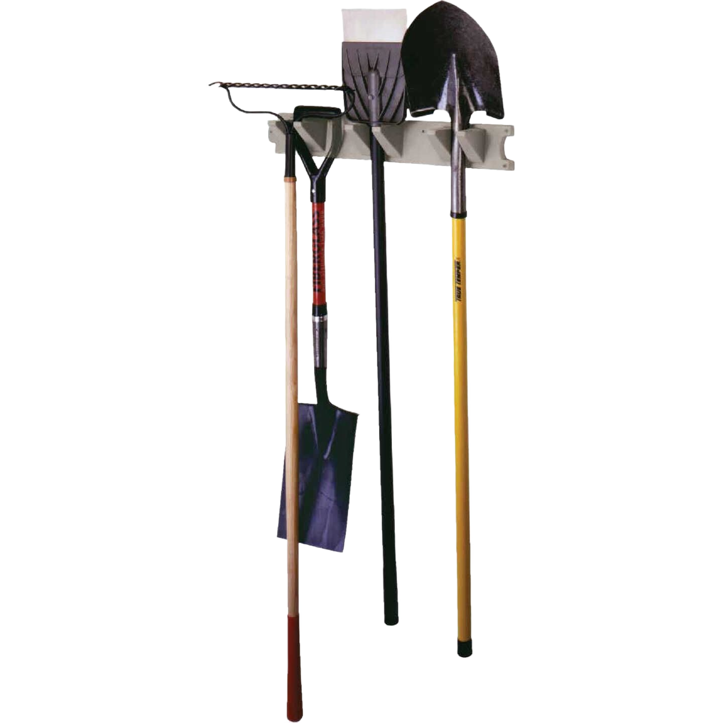 Beige wall-mounted tool rack holding various long-handled gardening tools for hardware and storage organization under $50 collections