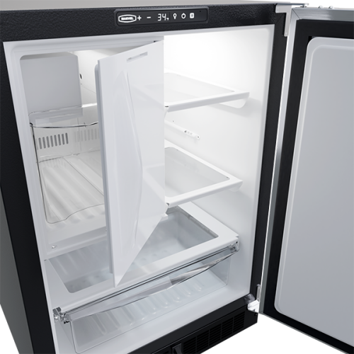 Open built-in compact refrigerator freezer with crescent ice maker, adjustable shelves, and clear drawer in Appliances collection