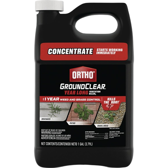 Black 1-gallon container of Ortho GroundClear concentrate for year-long weed and grass control in lawn care use