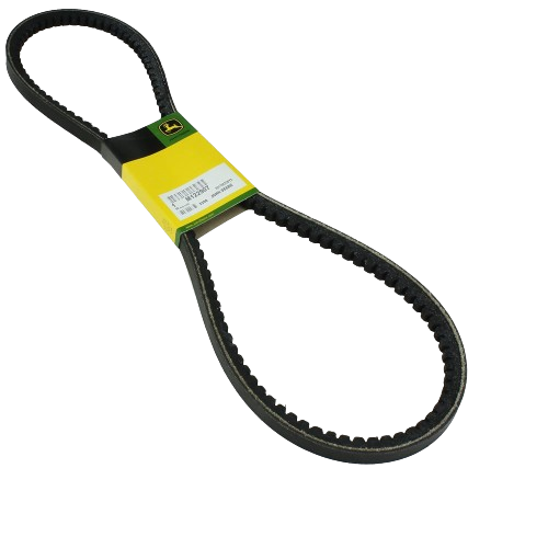 Black rubber V-belt with external teeth and John Deere branded yellow label for equipment drive systems and repairs