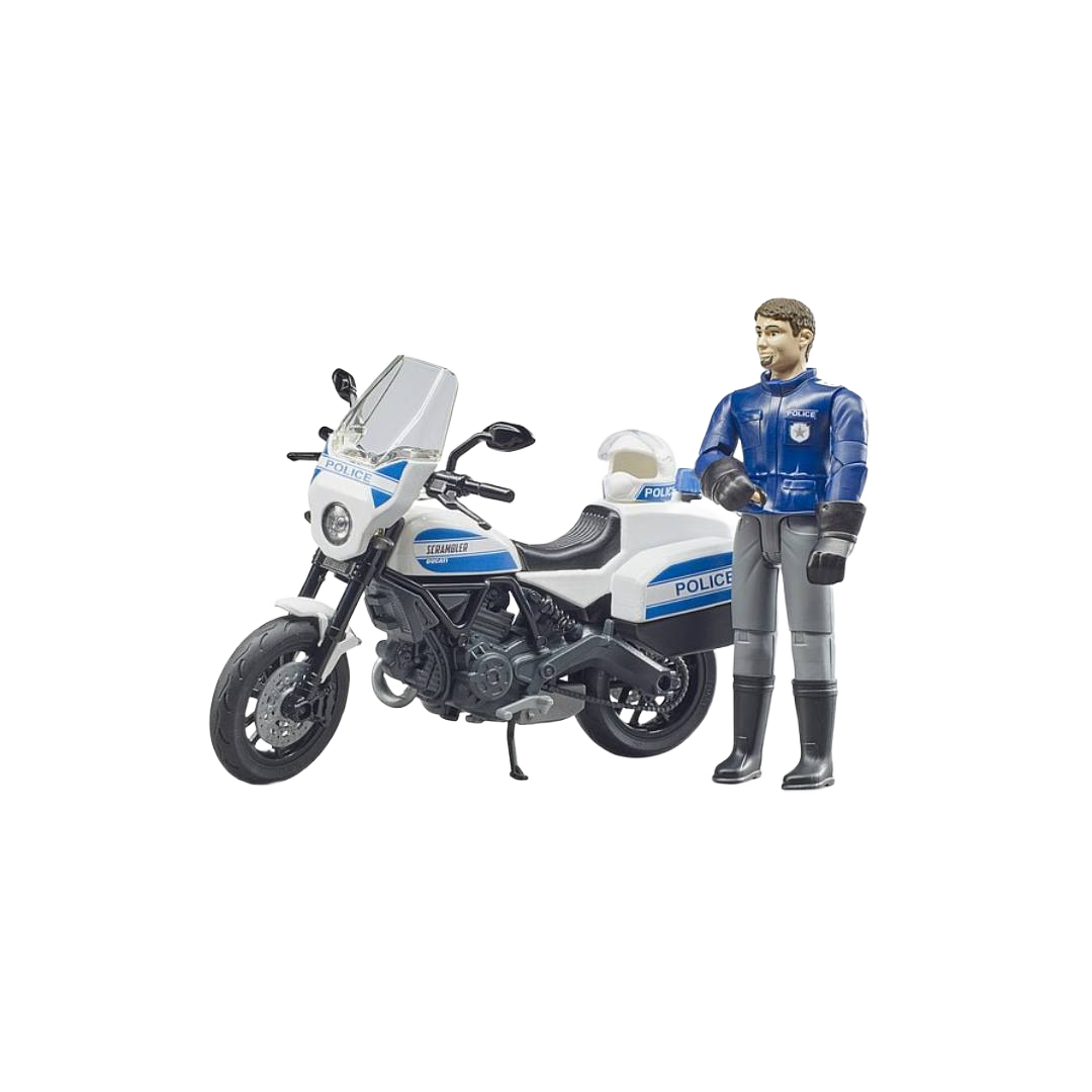 White and blue police scrambler motorbike toy with detailed policeman figure in blue uniform and helmet accessory