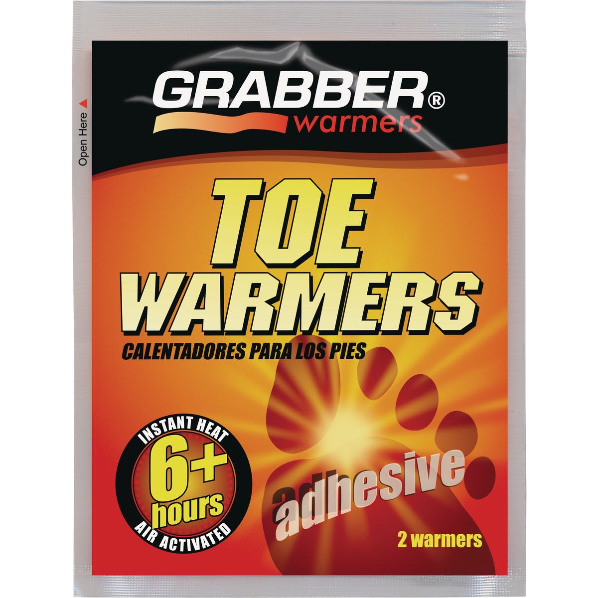 Orange and black package of adhesive toe warmers providing instant heat for over six hours with air-activated technology