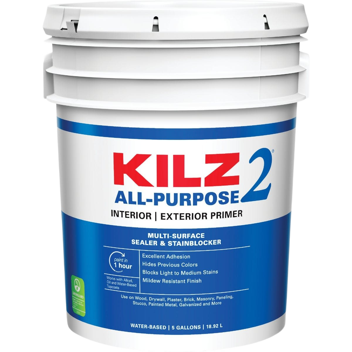 White 5-gallon all-purpose primer bucket for interior and exterior use, part of primer and paint supplies collection
