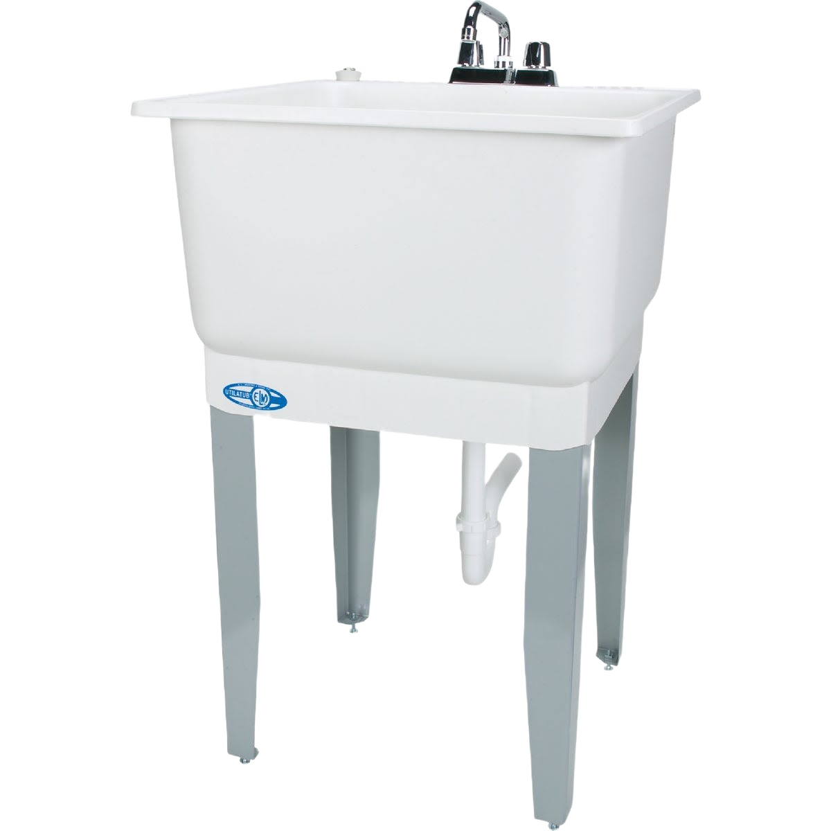 White low lead laundry tub with chrome faucet and sturdy gray legs for home improvement projects