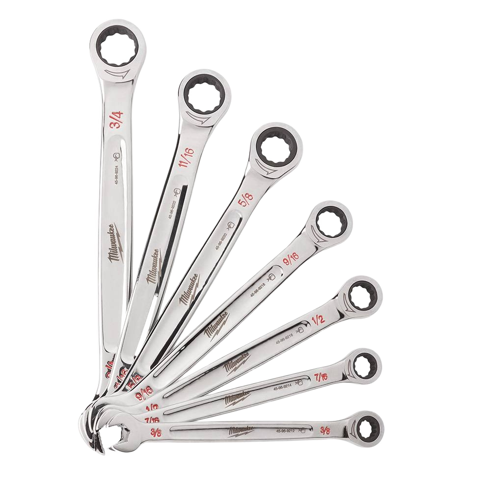 Seven-piece SAE ratcheting wrench set with polished chrome finish for tools and home improvement tasks